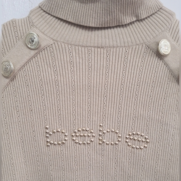 Bebe Beige Mock Neck Rib Knit Long Sleeve Buttons Women's Sweater Size L - Picture 4 of 10
